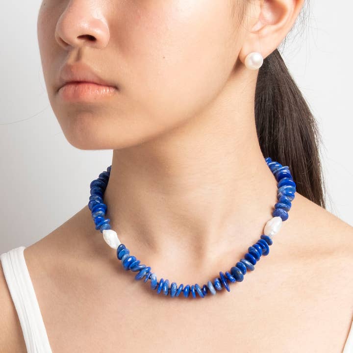 Lapis Lazuli Necklace with Keshi Pearl in Sterling Silver for wholesale by Naturagems