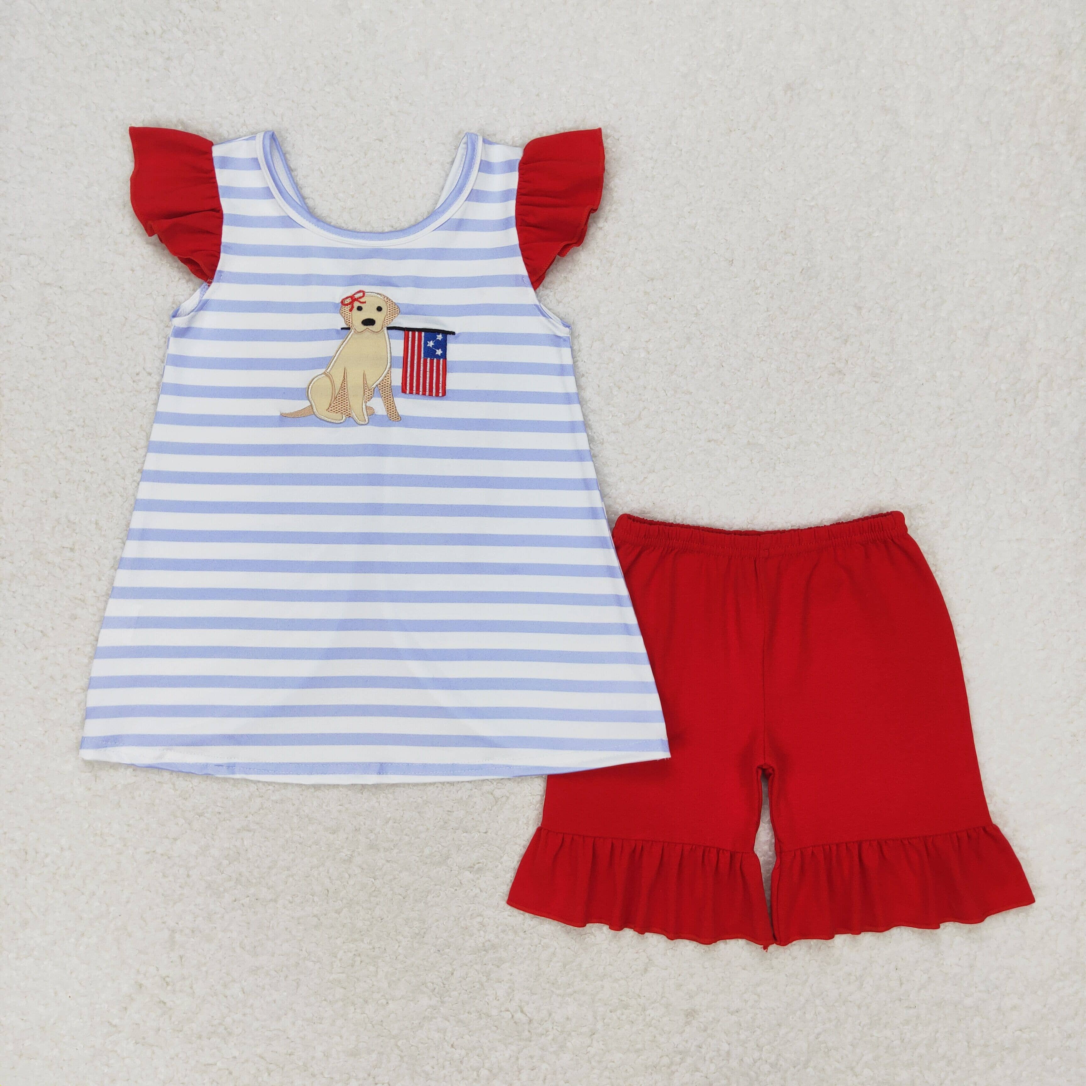 Aier Wholesale - Wholesale Clothing Set - Baby - Baby Girls 4th Of July Dog Flag Sibling Rompers Clothing Sets0