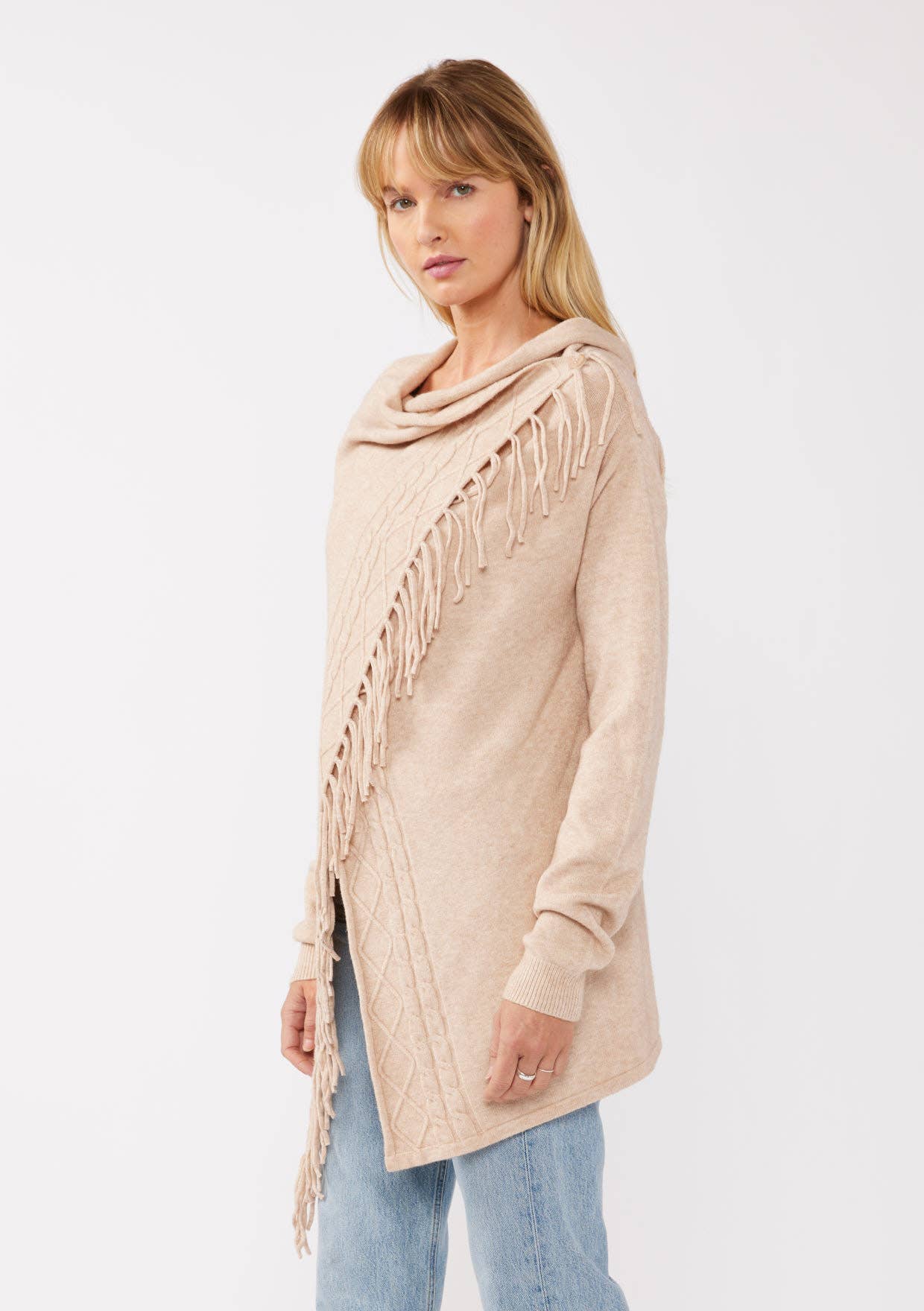 Lovestitch - Wholesale Cardigan - Women's - Cowl Neck Fringe Cable Cardigan7