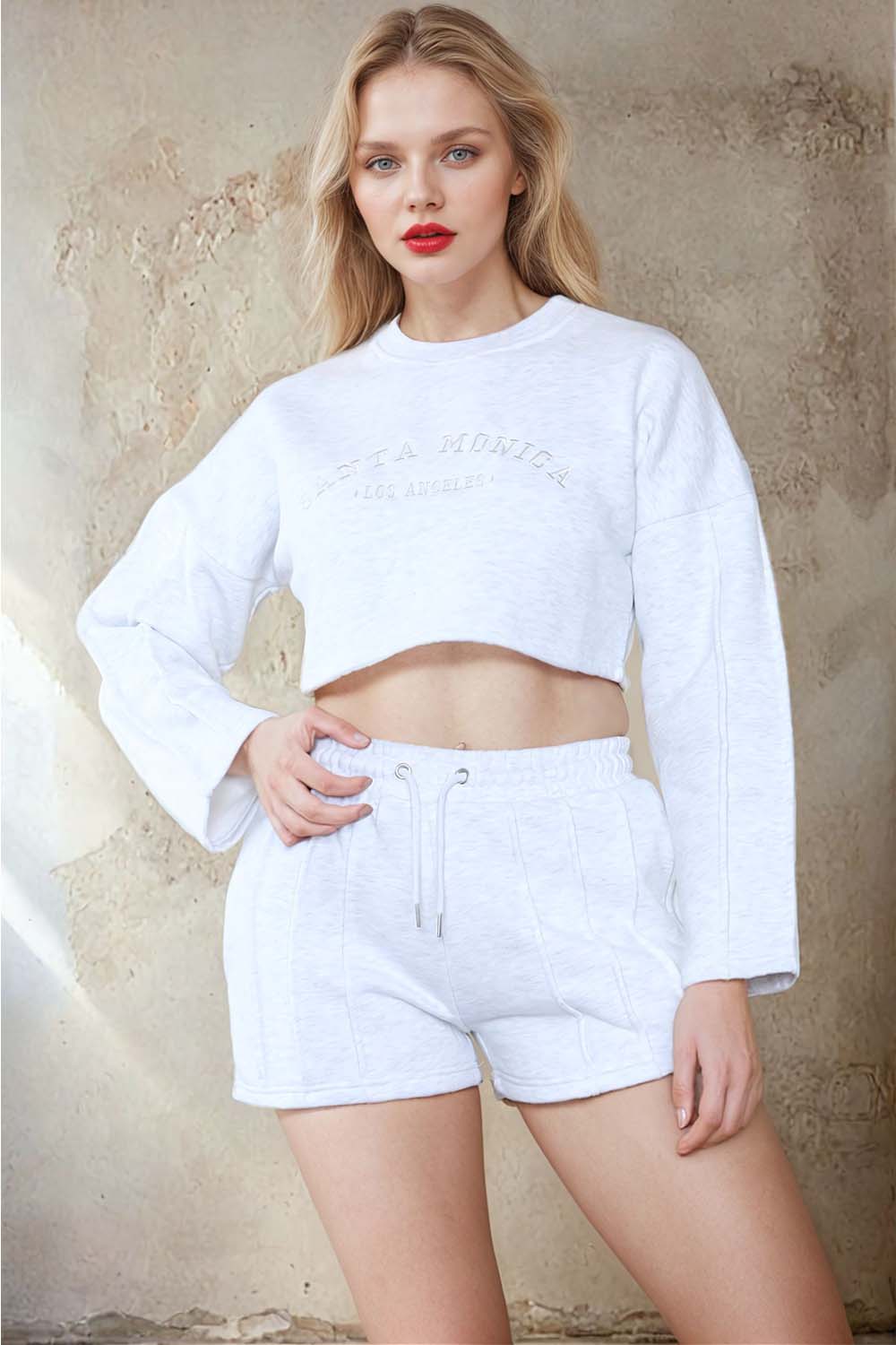Missi Clothing – wholesale Lounge set – Women's – Santa Monica Embroidered LSF Crop Sweatshirt & Shorts Set (Pack of 4 Sets)1