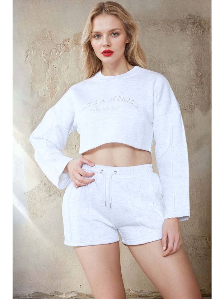 Missi Clothing – wholesale Lounge set – Women's – Santa Monica Embroidered LSF Crop Sweatshirt & Shorts Set (Pack of 4 Sets)1