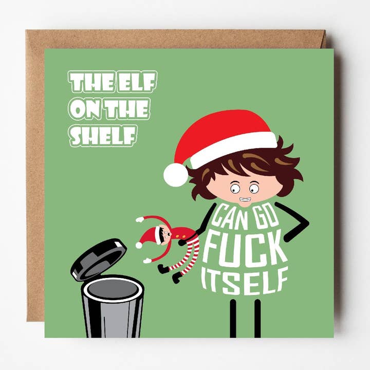 Carte de Noël humoristique et grossière avec un lutin sur l'étagère. pour la vente par VERSED AID