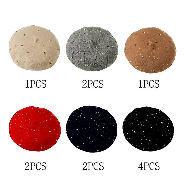 Diacly - Wholesale Beret - Unisex - 12pk Bold Rhinestone Crochet French Pompom Beret1