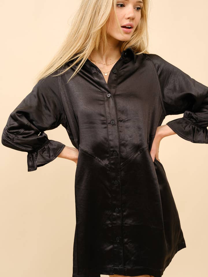 23000D - Satin Button Up Ruffle Slv Mini Dress for wholesale by Blue B