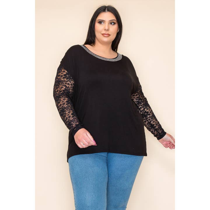 PLUS RHINESTONE NECKLINE LONG SLEEVE TOP for wholesale by VOCAL