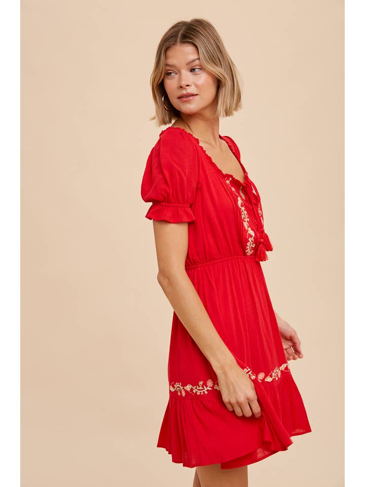 In Loom - Wholesale Dress - Women's - FLORAL EMBROIDERY PEASANT MINI DRESS