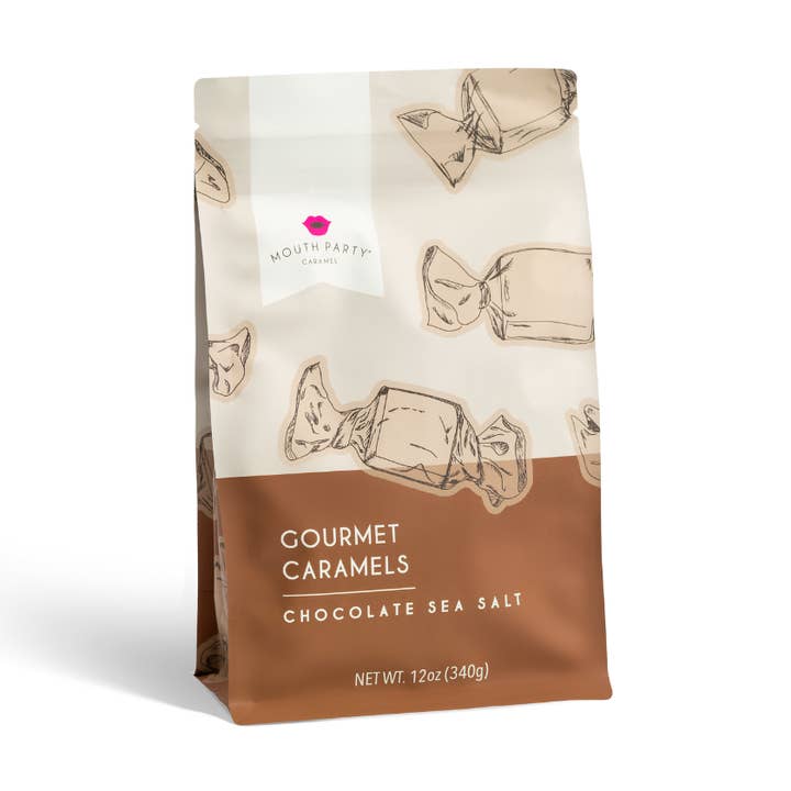 Chocolate sea salt caramel 6oz gift pouch for wholesale by Mouth Party, LLC