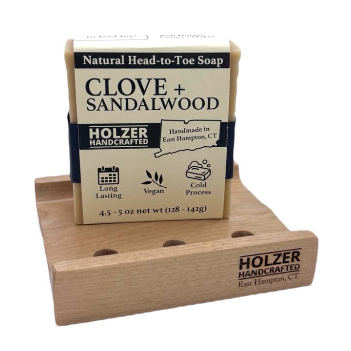 Soap + Soap Dish Gift Set - CLOVE + SANDALWOOD Handmade Soap Bar + Handcrafted Hardwood Soap Dish | Natural Cold Process, Vegan, 4.5 oz | Clove + Sandalwood Scented Soap for wholesale by Holzer Handcrafted ®