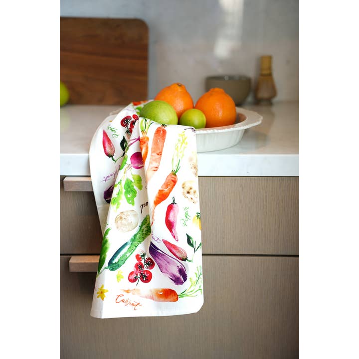 Jean Choe Art & Design - Wholesale Tea Towel - Vegetable Medley Tea Towel. Watercolor Veggie Kitchen Towel.3