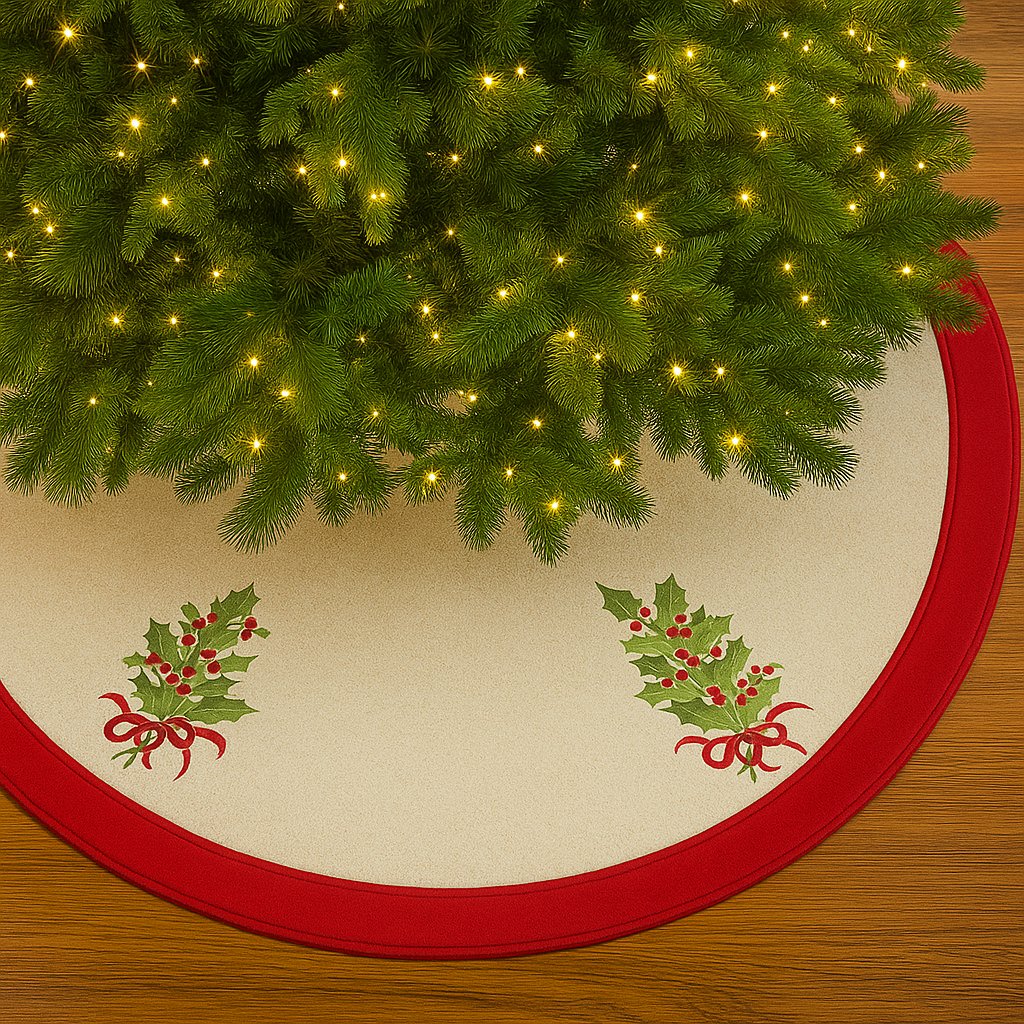 Fennco Styles - Wholesale Kerstboomrok - Rode natuurlijke geborduurde Holly 53" ronde kerstboomrok1