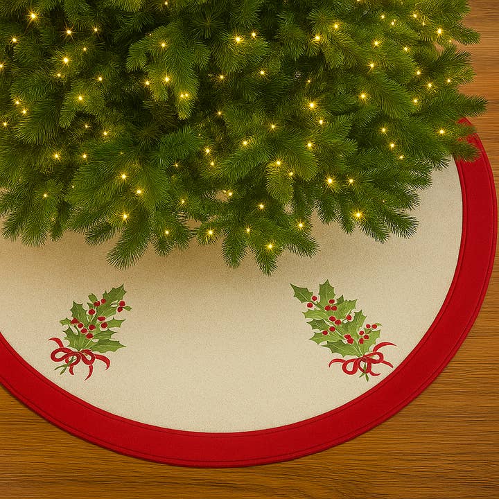 Fennco Styles - Wholesale Tree Skirt - Red Natural Embroidered Holly 53" Round Christmas Tree Skirt0
