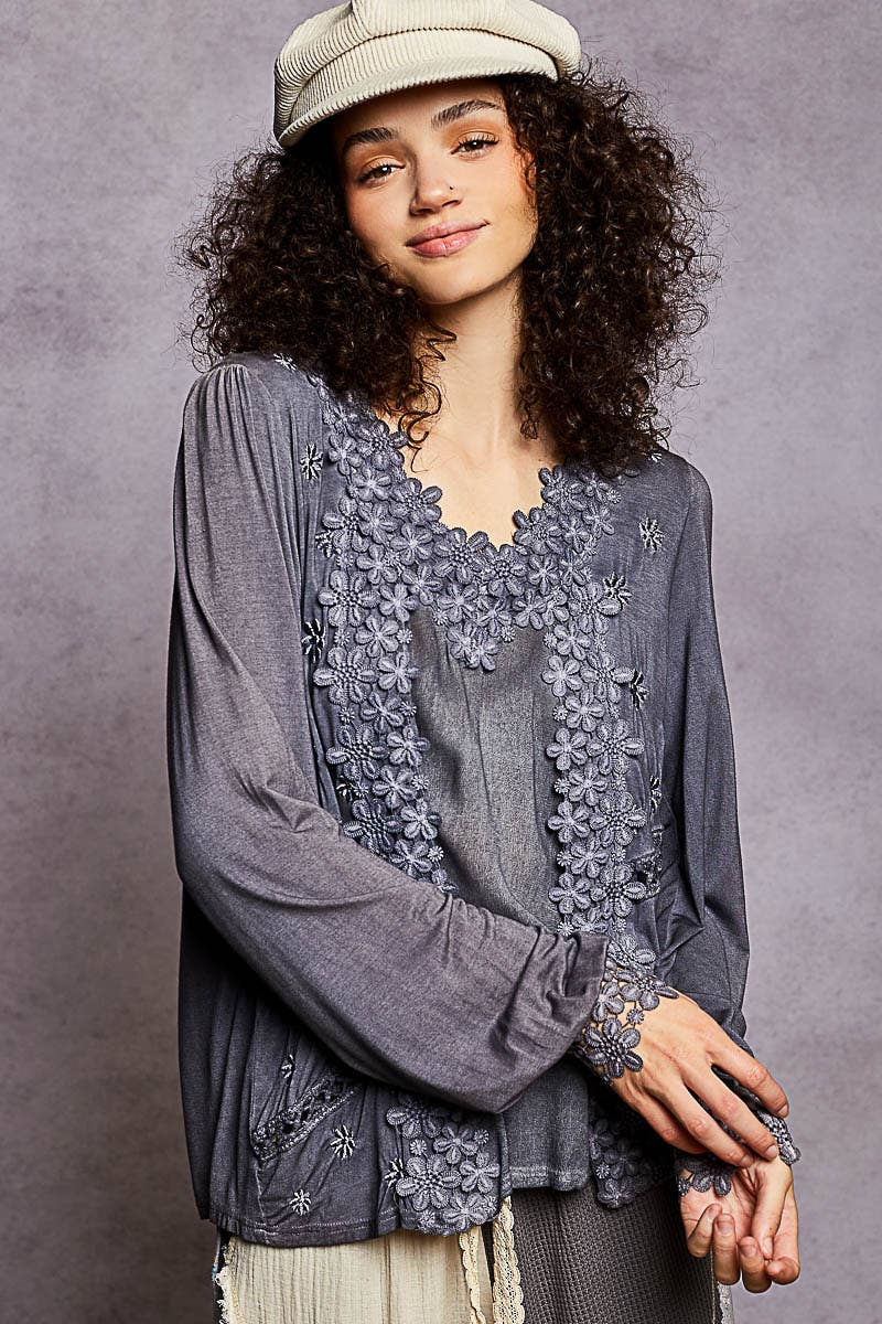 Pol Clothing - Wholesale Blouse - Women's - Long Sleeve Contrast Floral Lace Crochet V-Neck Top17