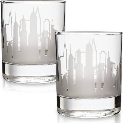 New York City Etched Skyline Whiskey Glasses for wholesale by Greenline Goods