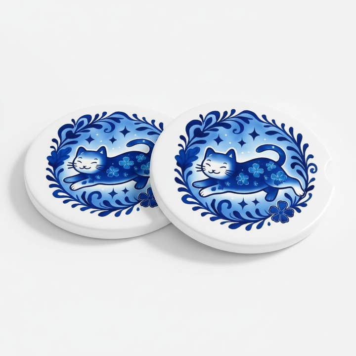 Blue Floral Cat Ceramic Car Coaster Set – 2.56" Decorative Car Accessories for Cat Lovers for wholesale by Designs by Mysh
