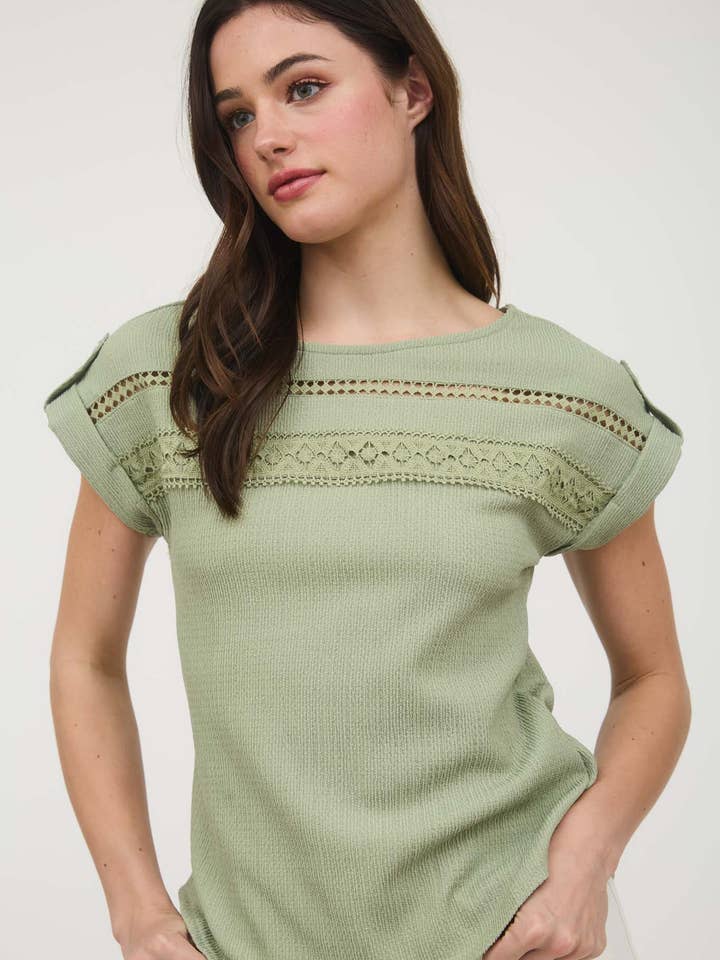 Blu Pepper - Wholesale Knit Top - Women's - SHORT TAB SLEEVE LACE TRIM CRINKLE KNIT BLOUSE