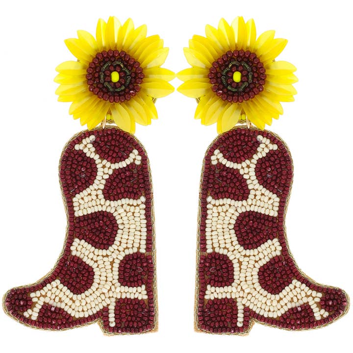 SP Sophia Collection - Wholesale Dangle Earrings - Beaded Sunflower Cow Print Cowboy Boot Dangle Earrings