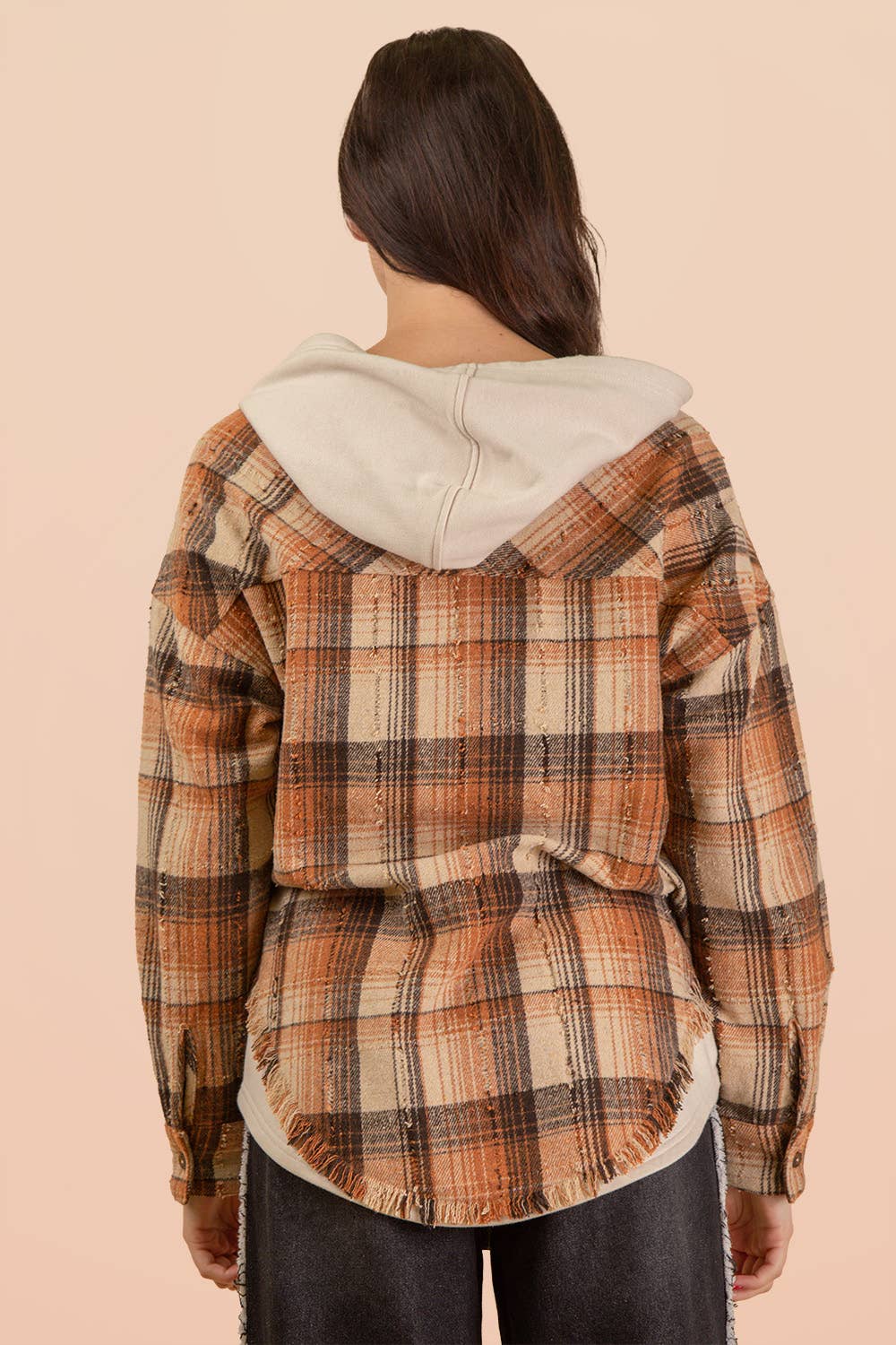 VERY J - Wholesale Jacket - Women's - NT12253-Oversized Flannel Hooded Button Down Jacket4