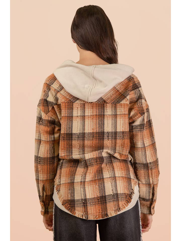 VERY J - Wholesale Jacket - Women's - NT12253-Oversized Flannel Hooded Button Down Jacket4