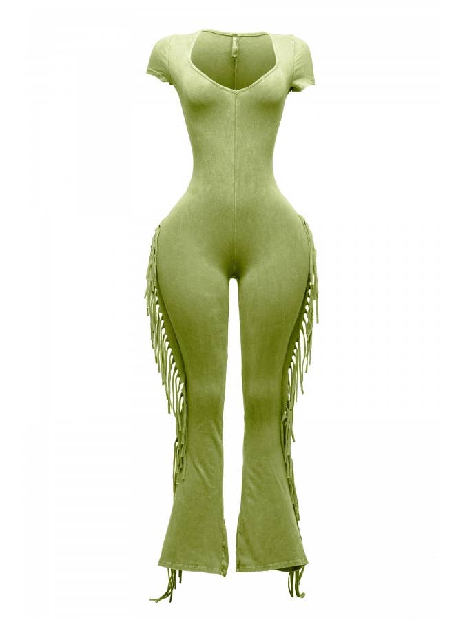 Boswell - Wholesale Jumpsuit - Women's - MINERAL WASH FRINGE DETAIL JUMPSUIT