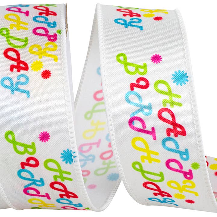 Happy Birthday Color Satin Wired Edge, White, 1-1/2 In for wholesale by RELIANT RIBBON