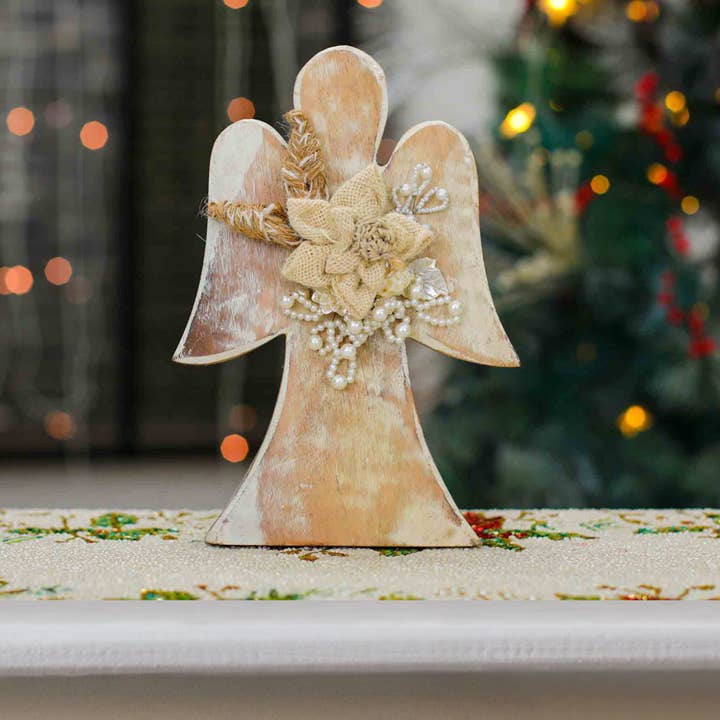 Angel Wood Christmas Figurine with Jute Flower in Cream for wholesale by Trunkin'