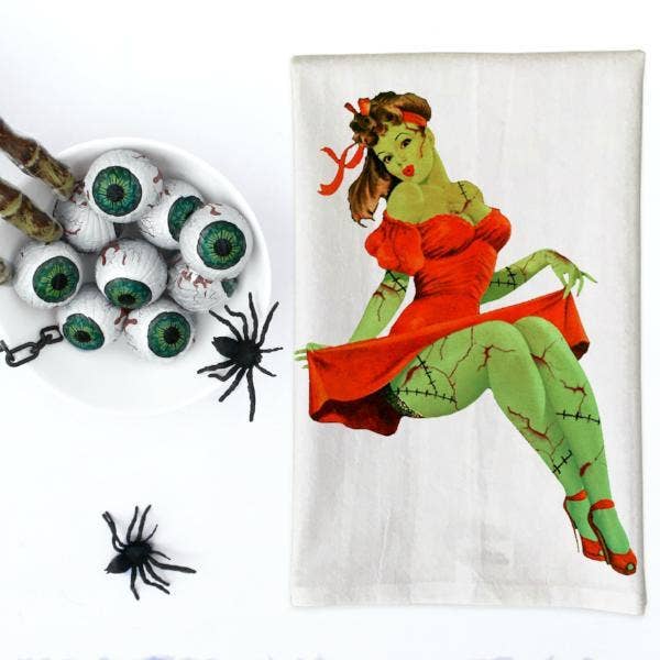 Love You a Latte Shop - Wholesale Tea Towel - Zombie Pin Up Girl in Red Dress Kitchen Towel