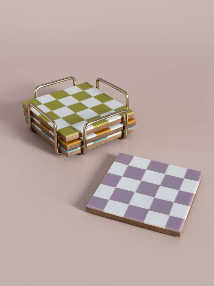 Checkered Coasters Colored with Stand for wholesale by Made Market Co.