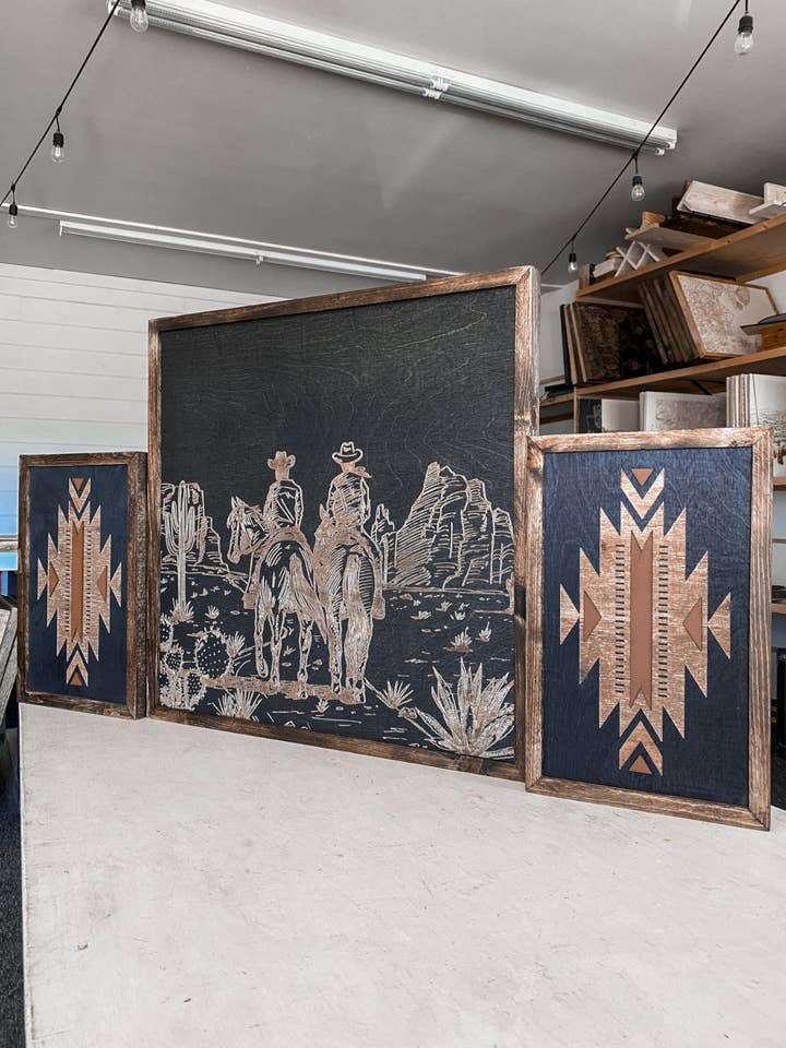 Cowboys & Horses in Desert with Tribal Aztec Wood Wall Art | 3 Piece Set for wholesale by Birch and Home Handmade