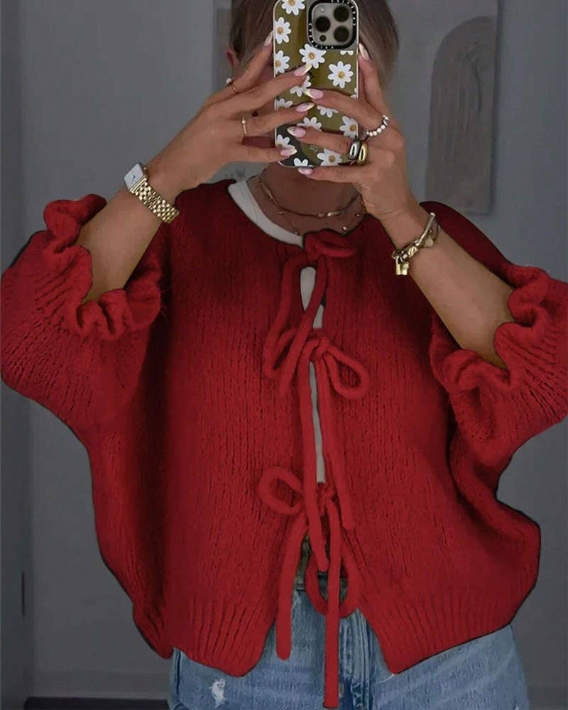 Rosa Clothing - Wholesale Cardigan - Women's - Drawstring Lace-Up Slouchy Cardigan1