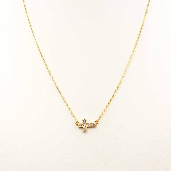 What's Hot - Wholesale Pendant/Charm Necklace - Gold Chain with Small Sideways Rhinestone Cross 16"-18" Necklace