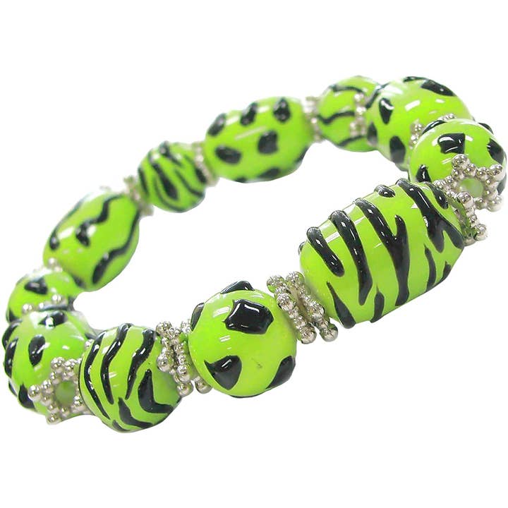 Green Animal Print Beaded Stretch Bracelet for wholesale by Fiona Accessories