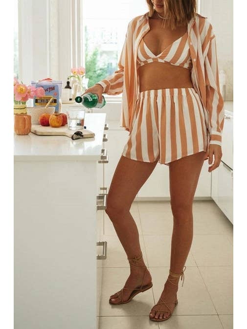 Orange Ladies Stripe Top and Shorts Daily 3PCS Set SKST1704 for wholesale on Faire