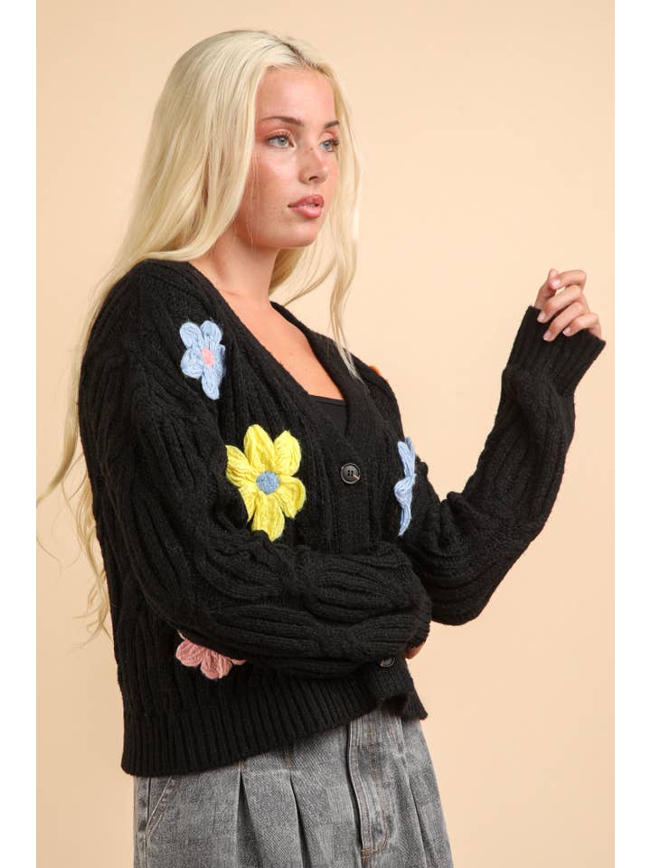 VERY J - Wholesale Cardigan - Women's - 12W3110NX-PLUS SIZE Hand-Made Flower Applique Knit Cardigan