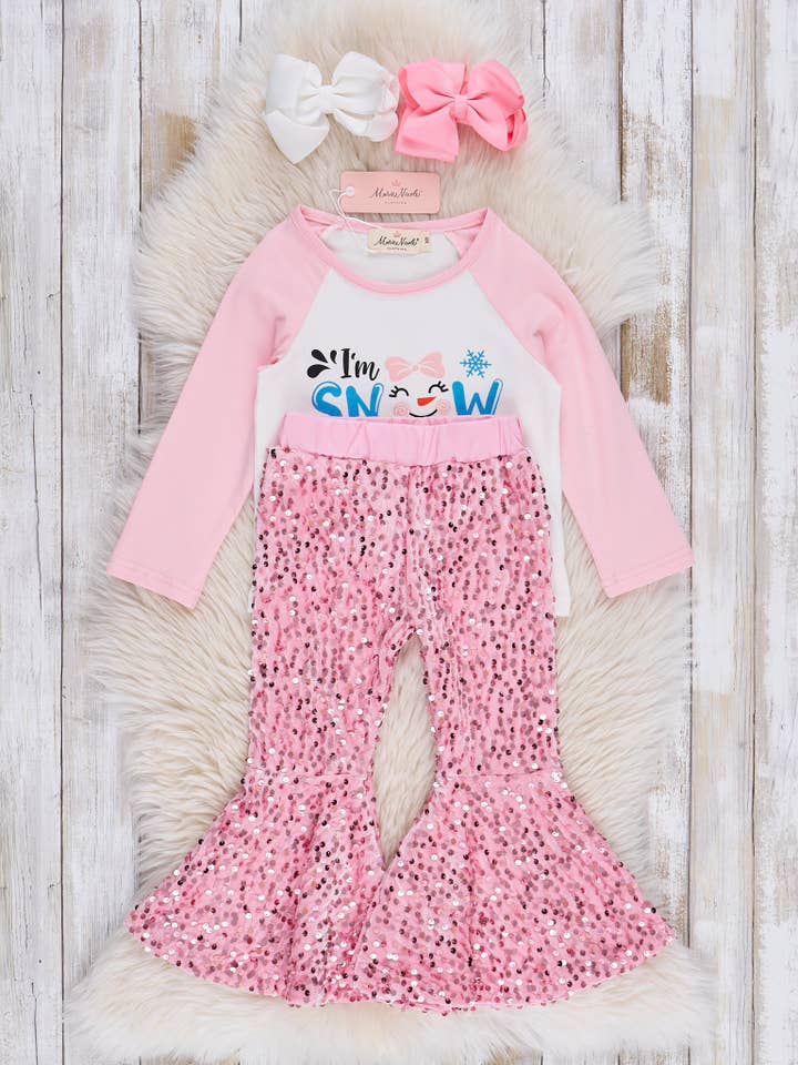Marie Nicole Clothing - Wholesale Top & Pant Set - Kids - Pink "Snow Cute" Sequin Bell Bottoms Outfit