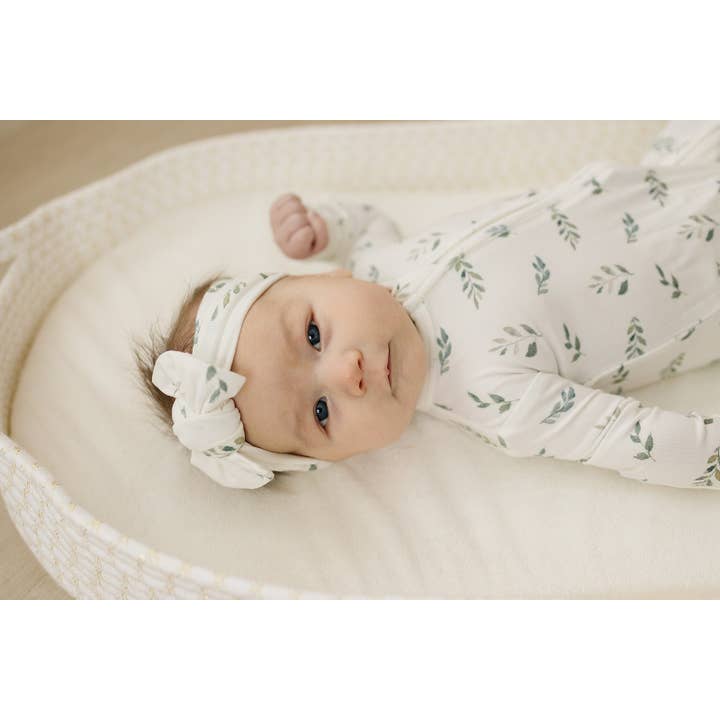 Harp Angel Boutique - Vente Bandeau – bébé - Bandeau à nœud en forme de feuilles vertes1