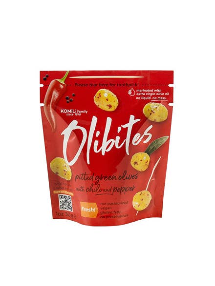1 oz Pitted Green Olives with Chili and Pepper for wholesale by Olibites by Komili Family