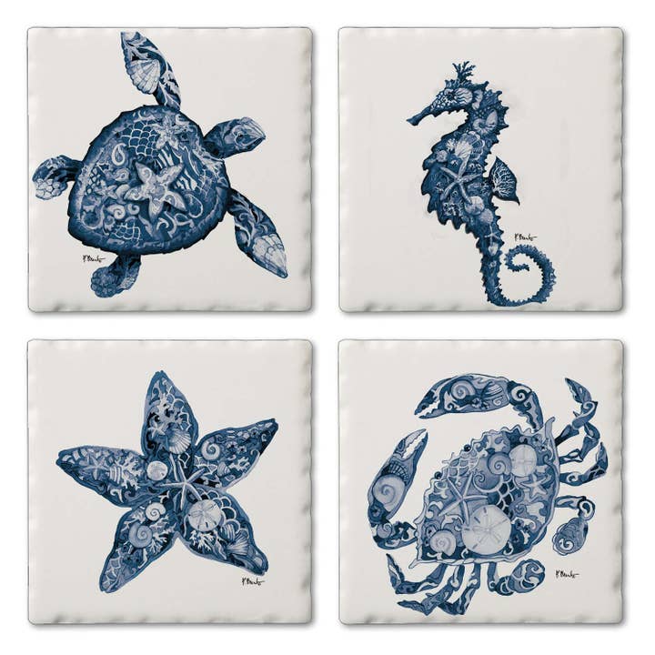 CounterArt/Highland Home/Thirstystone/CoasterStone - Wholesale Coasters - Nassau Sea Life Assorted Image Tumbled Tile Coaster 4 Pack