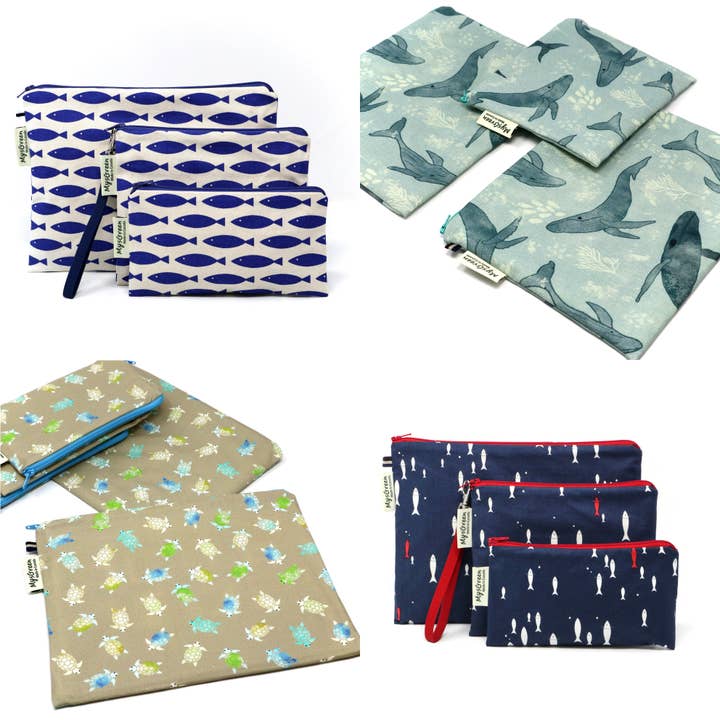 Whale Turtle Fish Printed Reusable Zipper Pouch Sets for wholesale by MYSGREEN