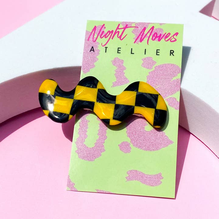Taxi Cab Checkerboard Polymer Clay Abstract Hair Clip for wholesale by Night Moves Atelier