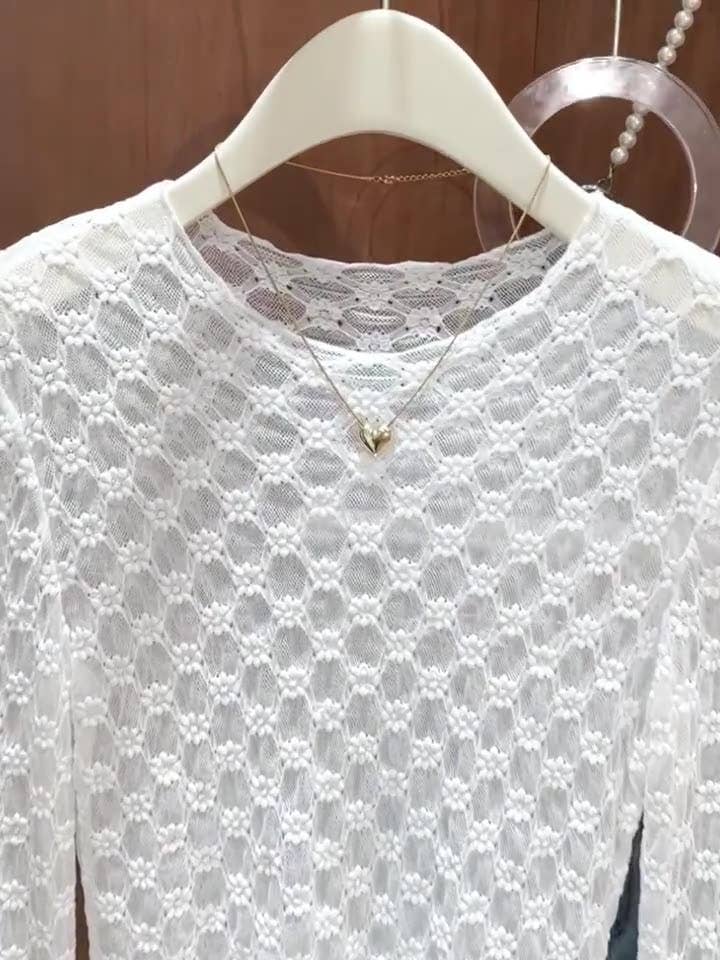 Rosa Clothing - Wholesale T-Shirt - Women's - Sheer Mesh Diamond Floral Lace Layering Fitted Crew Top4