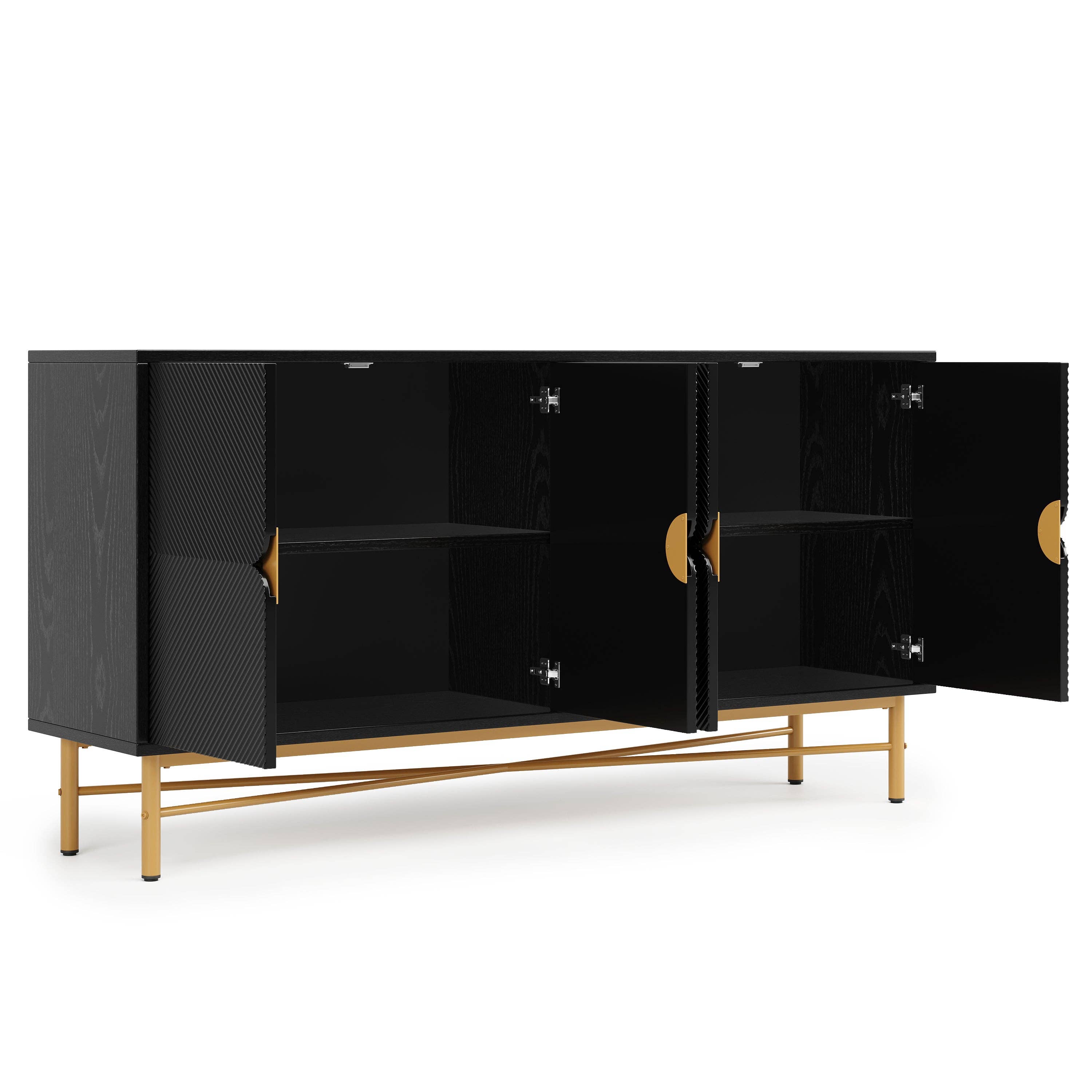 Urban Meuble - Wholesale Cabinet - Black sideboard with wood-effect embossed texture, 4 doors, luxury style with golden accent POLLENBASK14