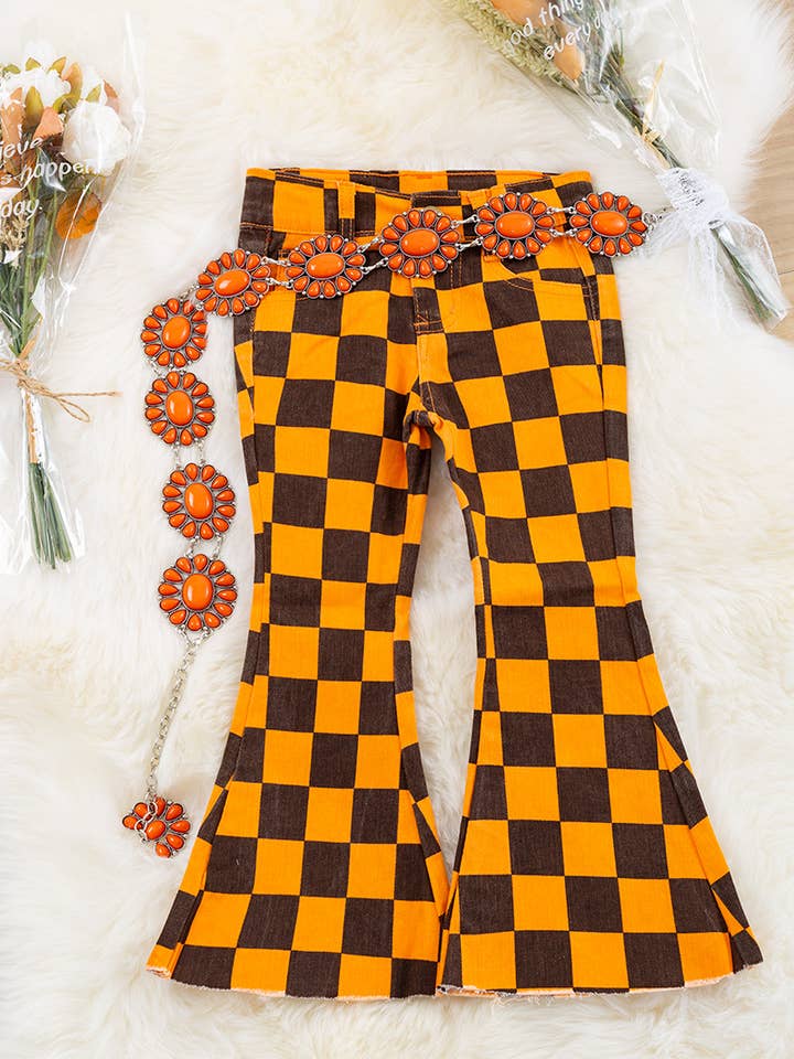 BLACK & ORANGE CHECKER PRINTEDBELL BOTTOMS.PNG65133009 JEANN for wholesale by Kids Charm Online