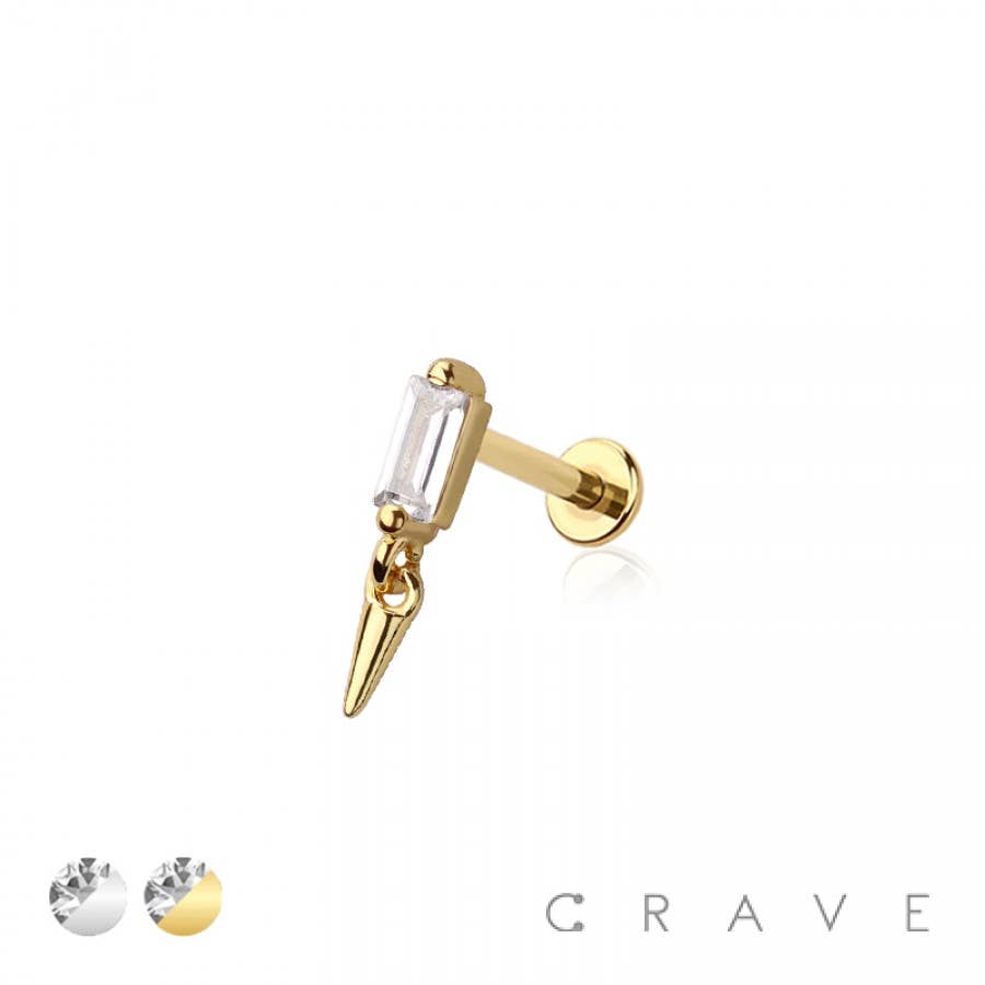 CRAVE - Wholesale Lip Ring - CONE SPIKE DANGLE CZ BAGUETTE TOP THREADLESS (PUSH IN) 316L2