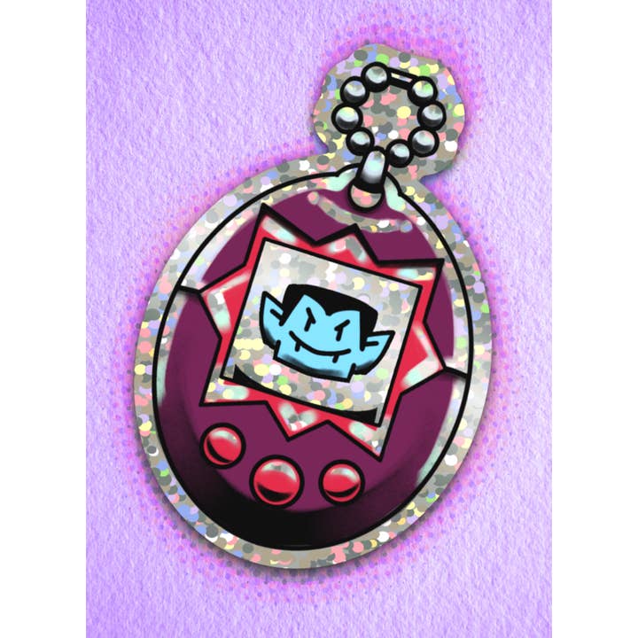 Holographic Retro Virtual Pet Vampire Glitter Vinyl Sticker for wholesale by Owlybear Art