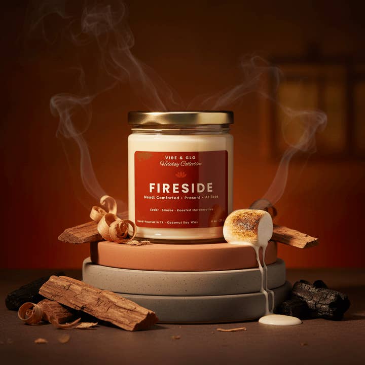 Fireside Candle | Cedar, Smoke, Roasted Marshmallow Scent for wholesale by Vibe & Glo Candle Studio