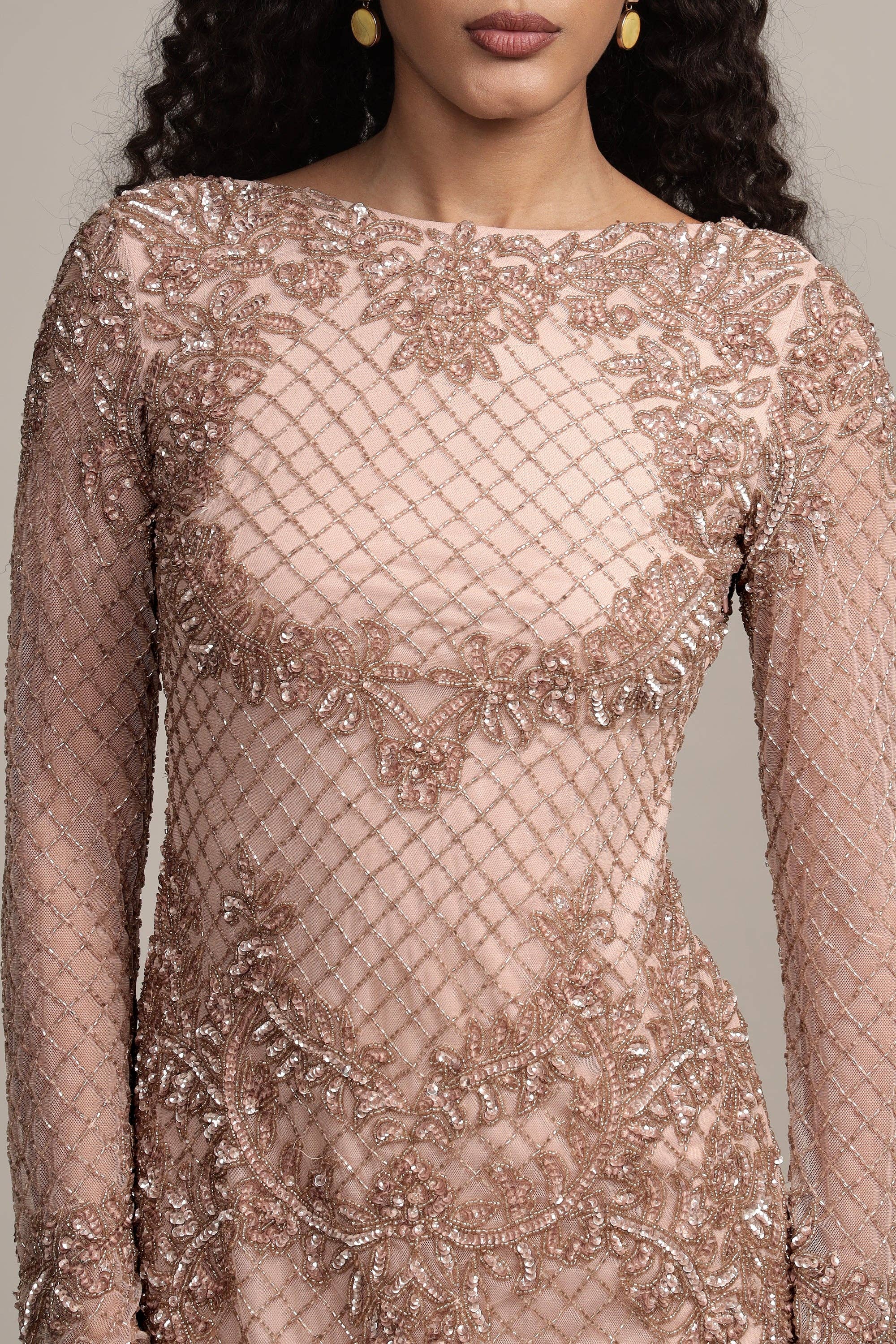 Nela Embellished Mini Dress in Mink for wholesale on Faire7