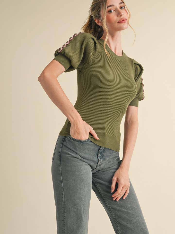 &MERCI - Wholesale Knit Top - Women's - HAND-MADE CROCHET PUFF SLEEVE SWEATER MSW1056711