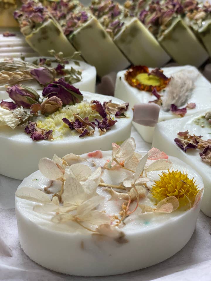 Handmade Pure Goats Milk Soap With Freesia And Topped for wholesale by ADRIANA'S ART - HANDMADE ARTISAN PRODUCTS