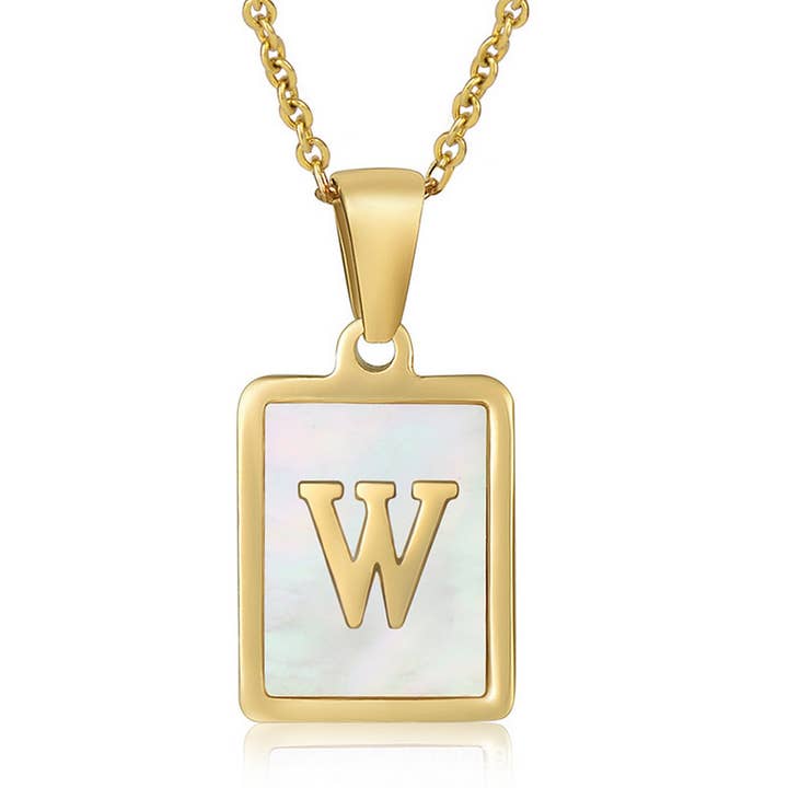 NINEXIS - Wholesale Pendant/Charm Necklace - CWAJE1917_Square Stainless Steel White Shell Letter Necklace23