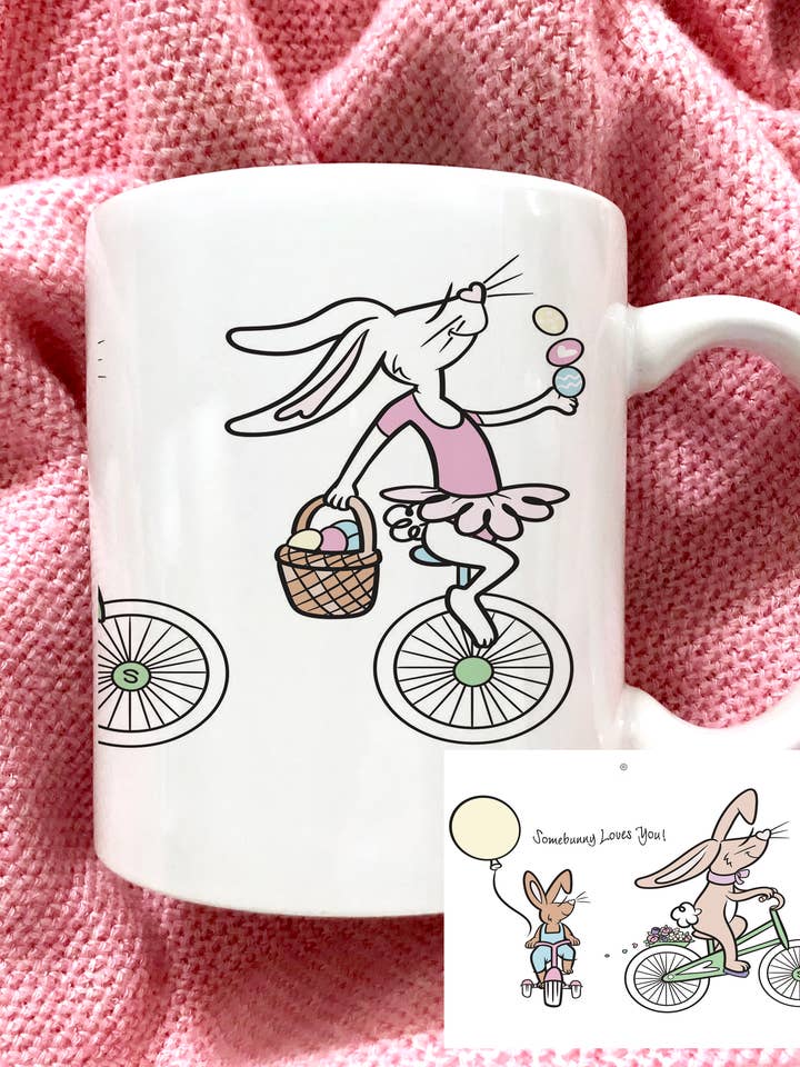 Kaniner på cykler, forårskrus - 11 ounce keramikkrus for engroshandel hos philoSophie's Stationery & Gifts
